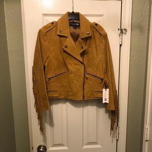 Yellow suede moto jacket with fringes